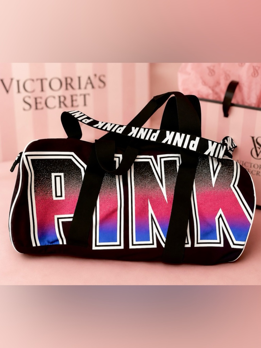 Victoria’s Secret PINK Large Duffel Gym Travel Bag Black Gradient Logo EUC